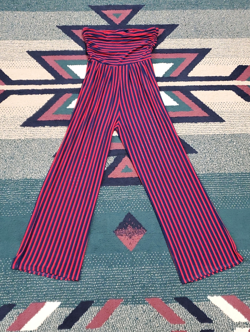 Striped Strapless Wide-Leg Jumpsuit in Navy and Red